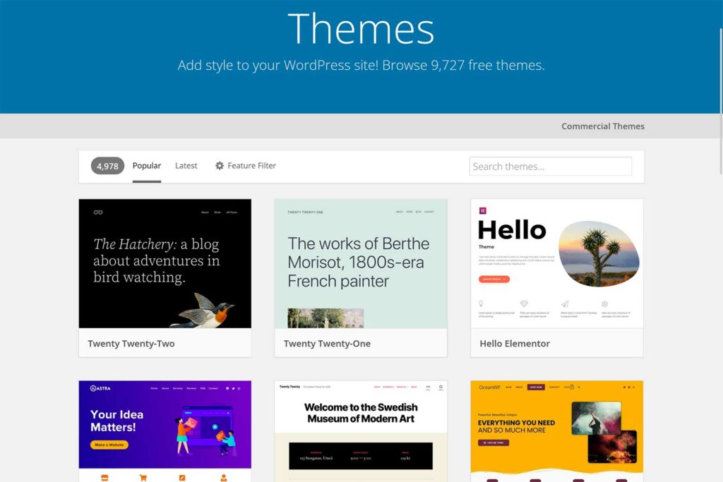 Landing page of Themes on WordPress.org page
