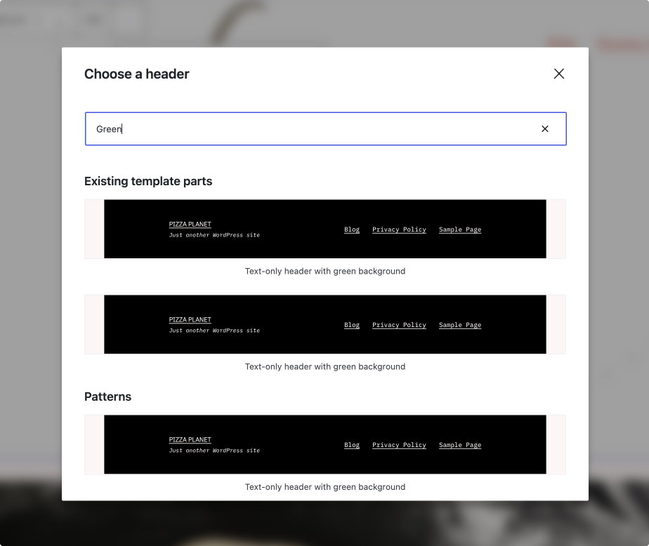 Image: Search Bar to Find the right Template Part - Gutenberg 13.8