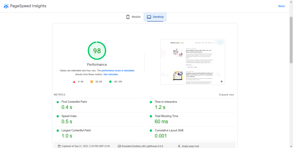 Image: WPWhiteboard Page Speed insights