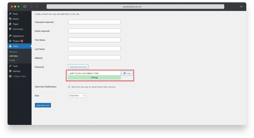 Image: WordPress dashboard strong password example