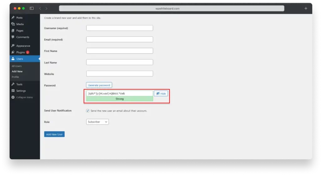 Image: WordPress dashboard strong password example, to avoid such common mistakes