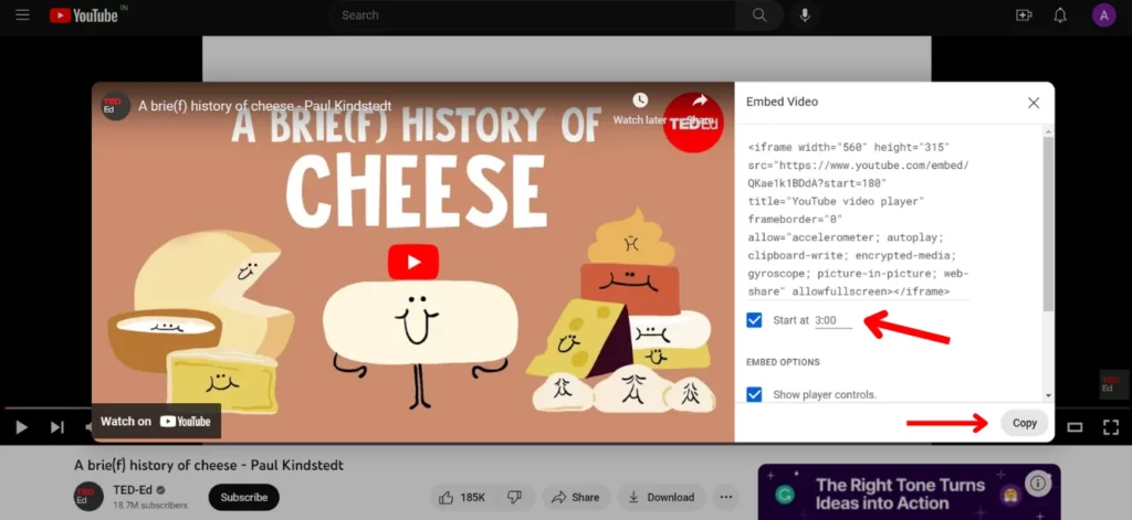 Image: Copying and customizing the embed code from YouTube