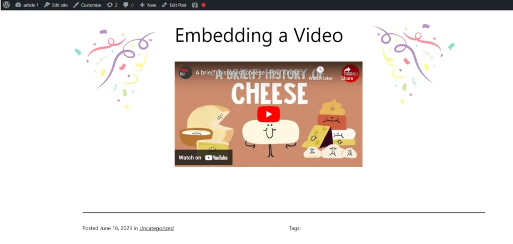 Image: Previewing the video embedded using the Iframe Method in WordPress