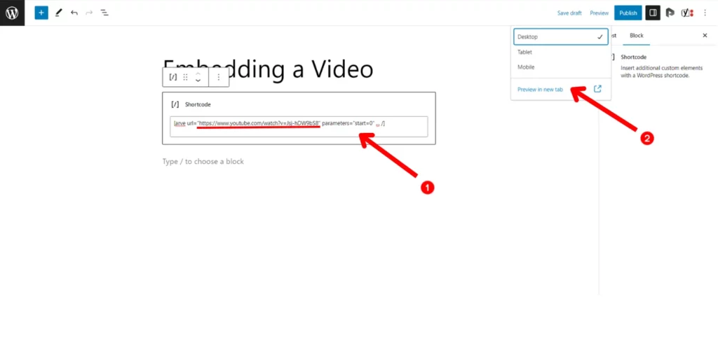 Image: Pasting the video link in a Plugin's Shortcode
