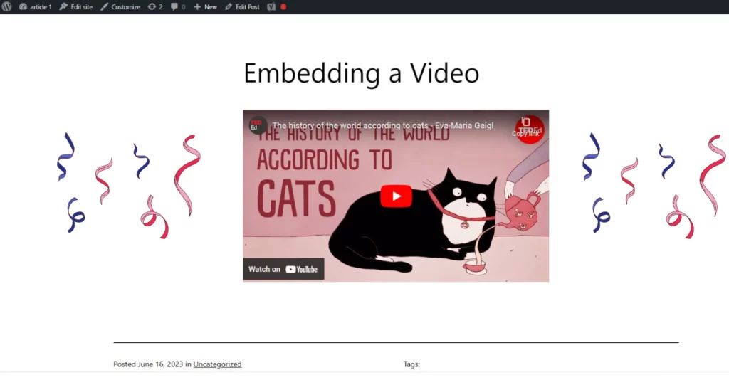 Image: Previewing the video embedded using a plugin in WordPress