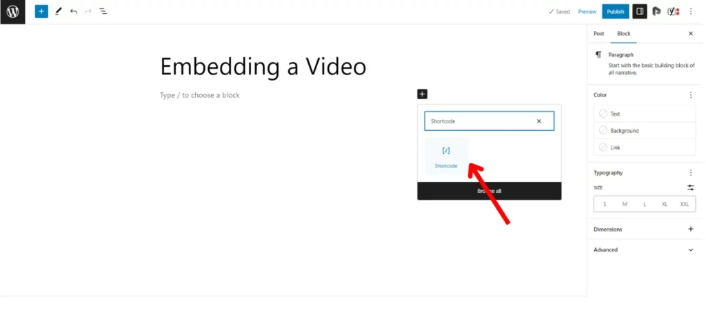 Image: Embedding a video using a Shortcode block in WordPress