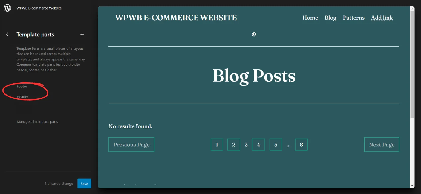 Image: Viewing Header and Footer options in Template Parts in WordPress