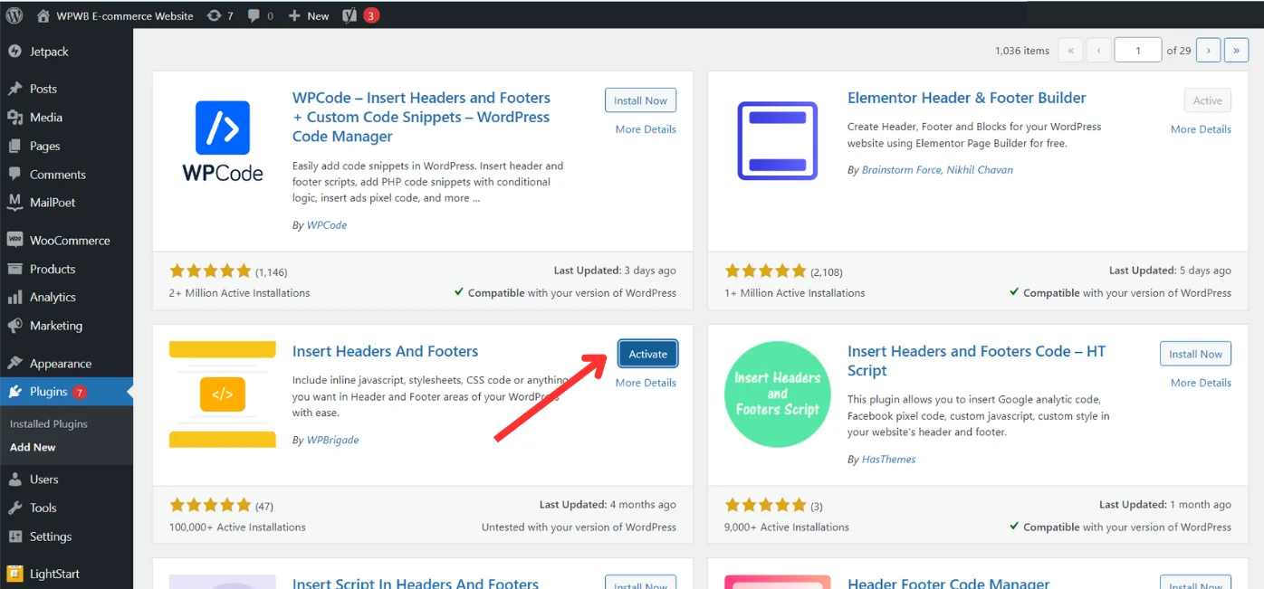 Image: Activating WP Headers and Footers Plugin to Edit them in WordPress