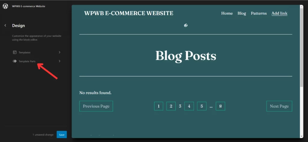 Image: Selecting Template Parts through Site Editor to Edit Header and/or Footer in WordPress