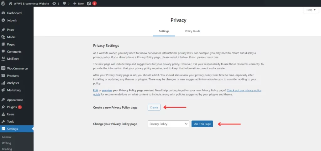 Image: Creating a new Privacy Policy